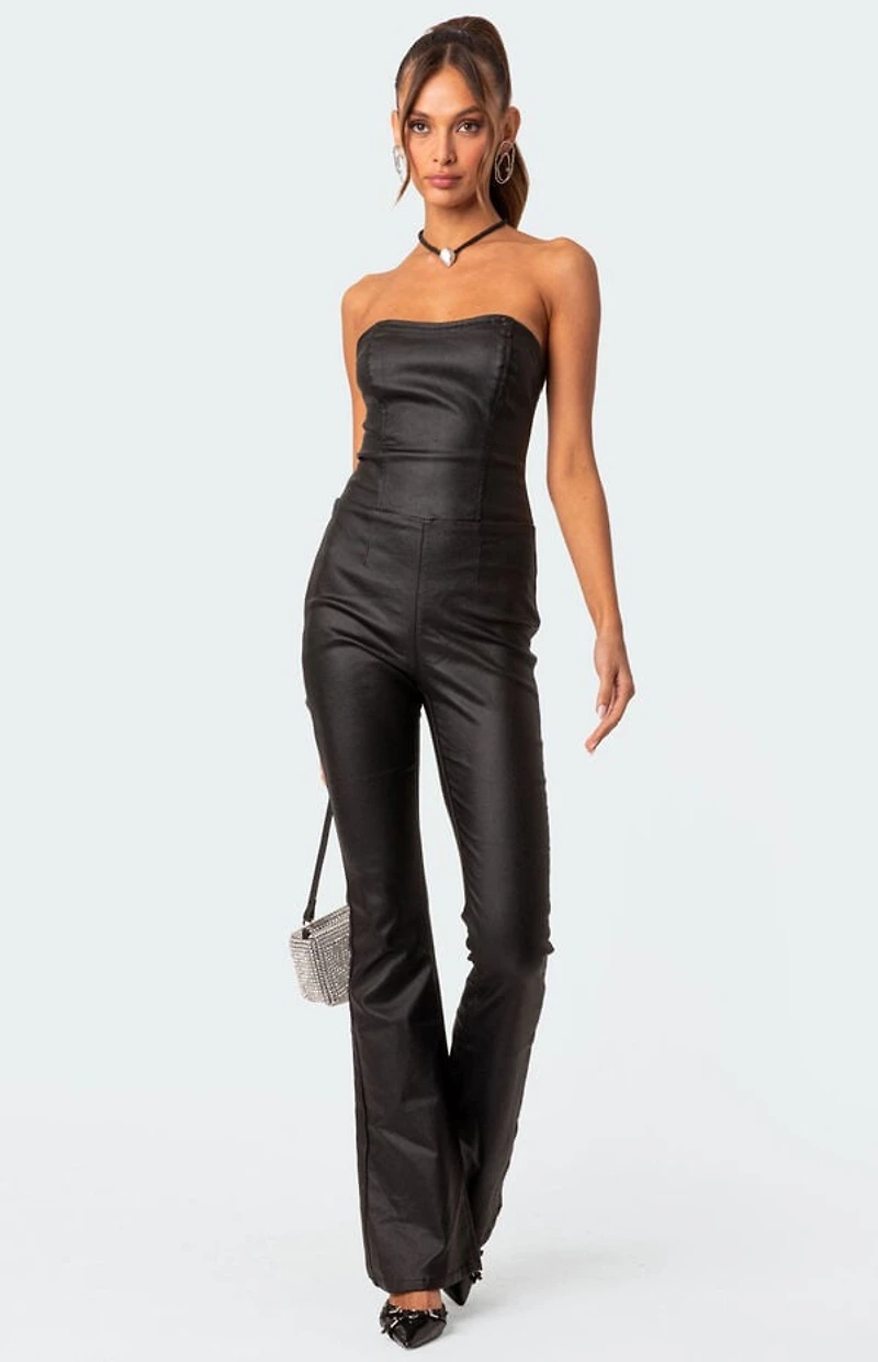 Edikted Luna Faux Leather Flared Jumpsuit