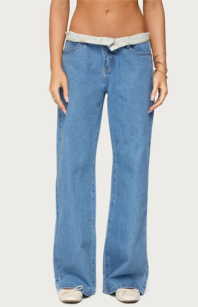 Edikted Floral Foldover Low Rise Jeans