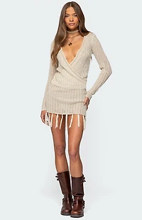 Edikted Tassel Knit Wrap Mini Dress