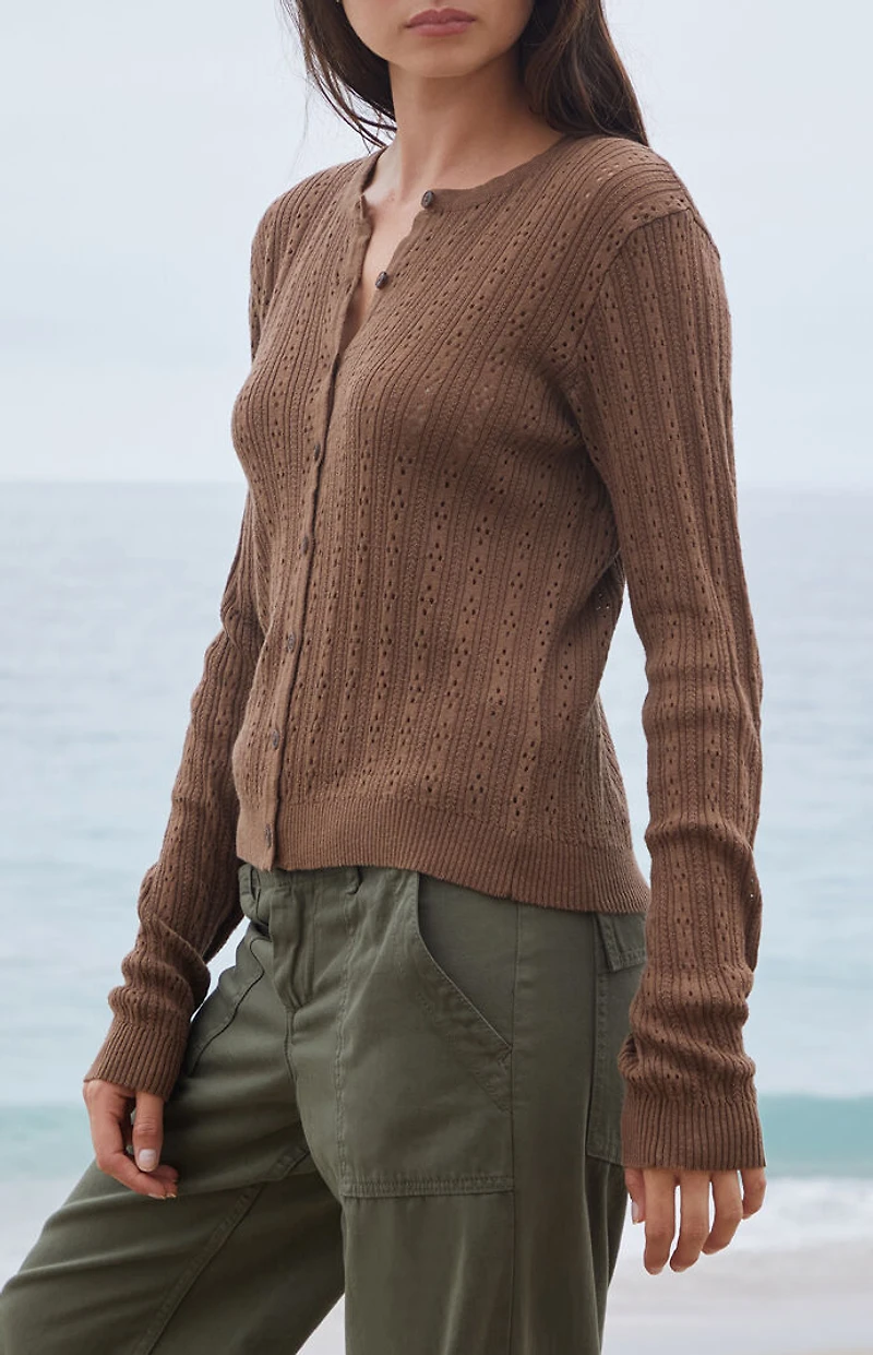 John Galt Brown Button Up Open Knit Cardigan