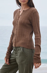 John Galt Brown Button Up Open Knit Cardigan
