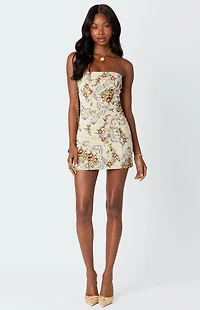Edikted Floral Tapestry Lace Up Mini Dress