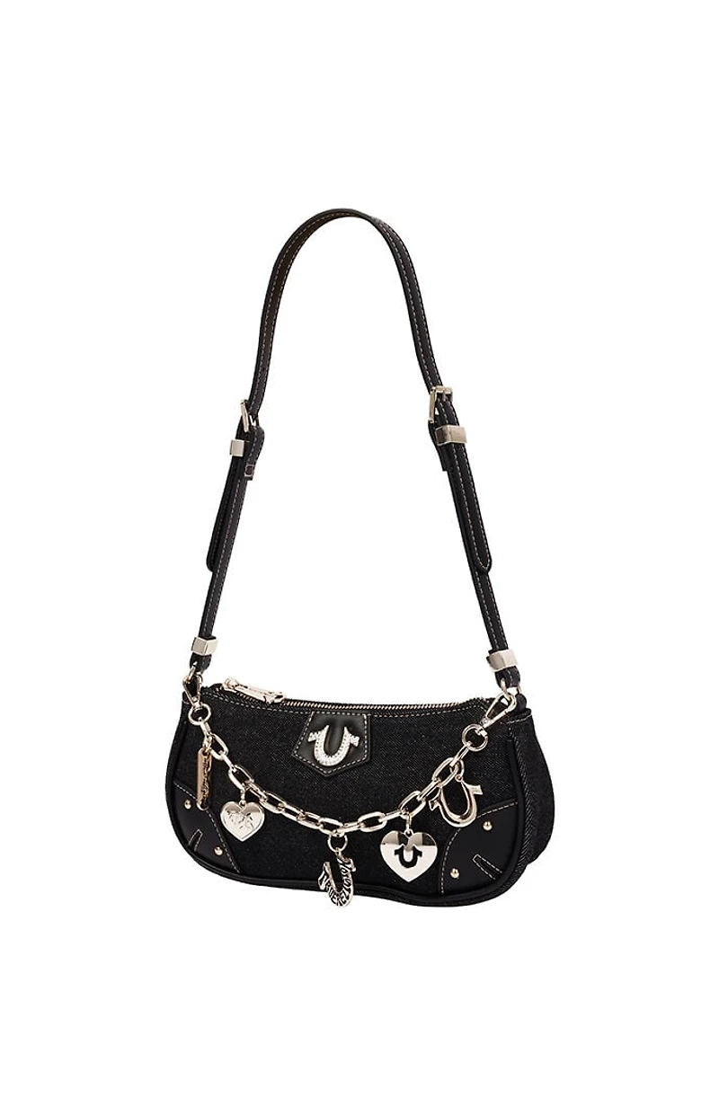 True Religion Black Horseshoe Chain Denim Shoulder Bag