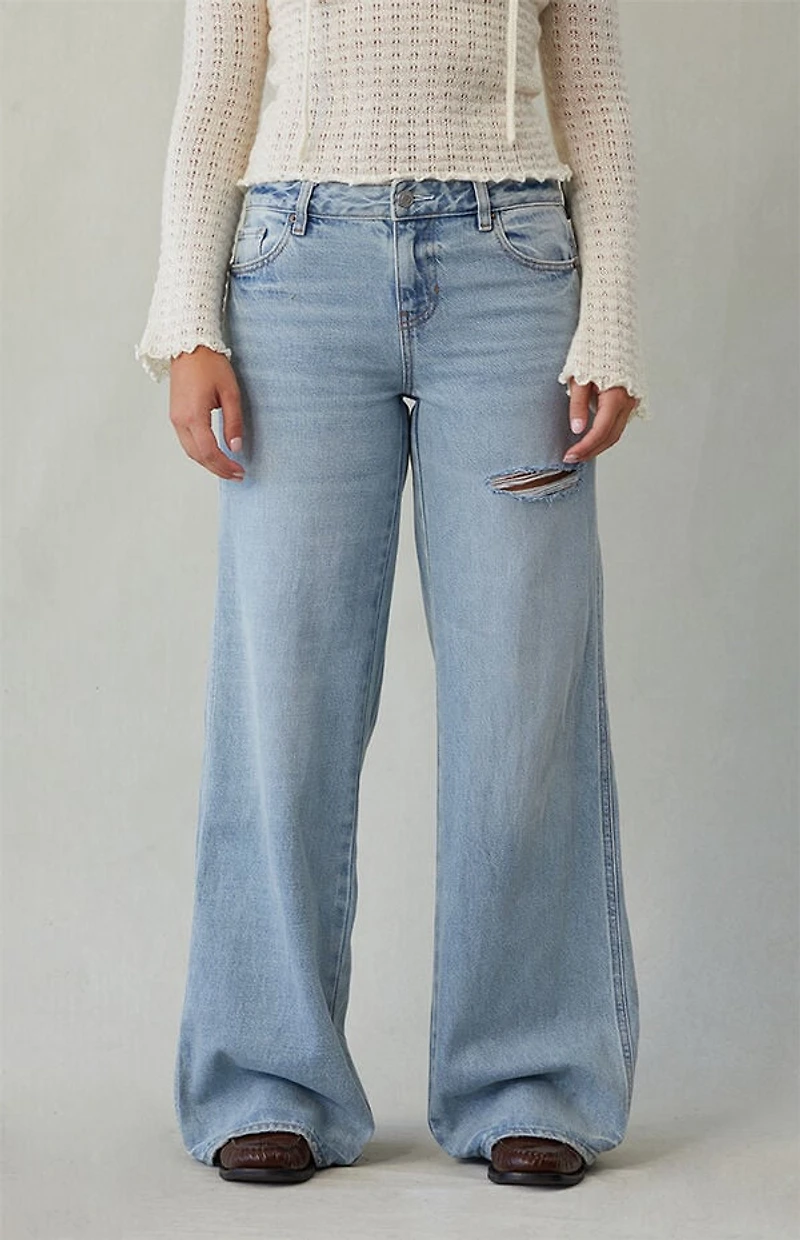 Pacsun Casey Low Rise Baggy Jeans Ripped Slit Light Indigo