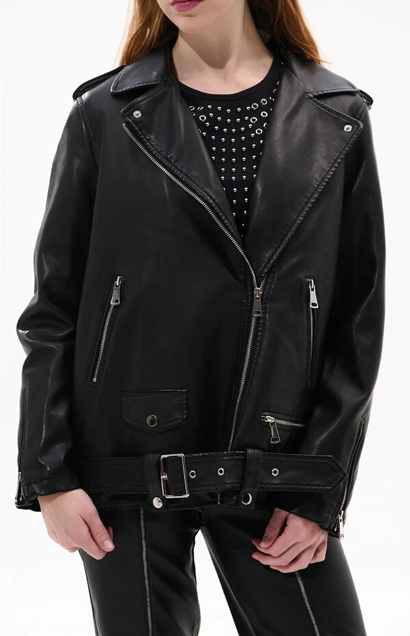 AZALEA WANG Aurelia Black Faux Leather & Fur Moto Jacket