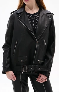 AZALEA WANG Aurelia Black Faux Leather & Fur Moto Jacket
