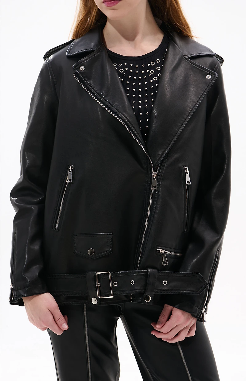 AZALEA WANG Aurelia Black Faux Leather & Fur Moto Jacket