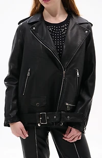 AZALEA WANG Aurelia Black Faux Leather & Fur Moto Jacket