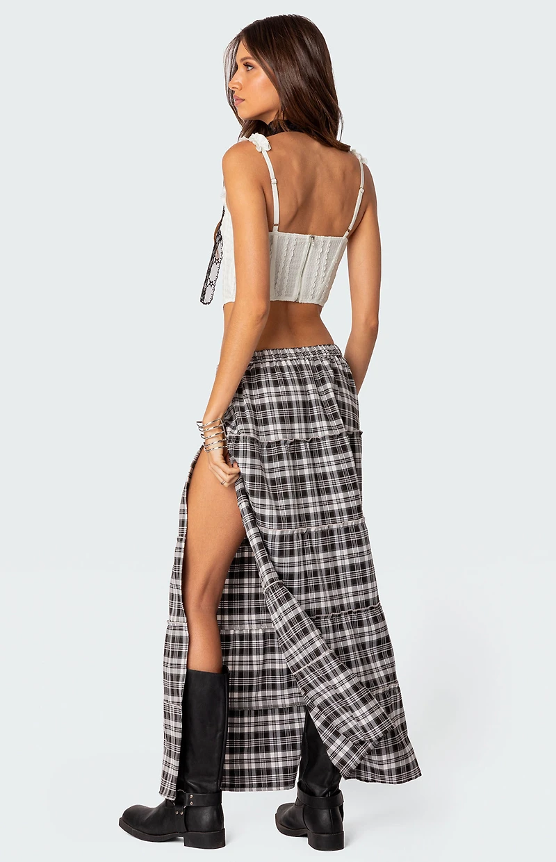Edikted Plaid Side Slit Tiered Maxi Skirt