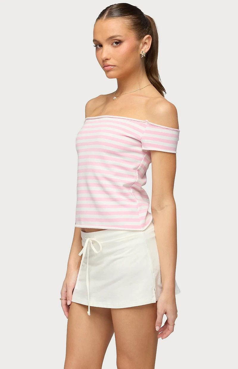 Edikted French Terry Striped Off Shoulder Top