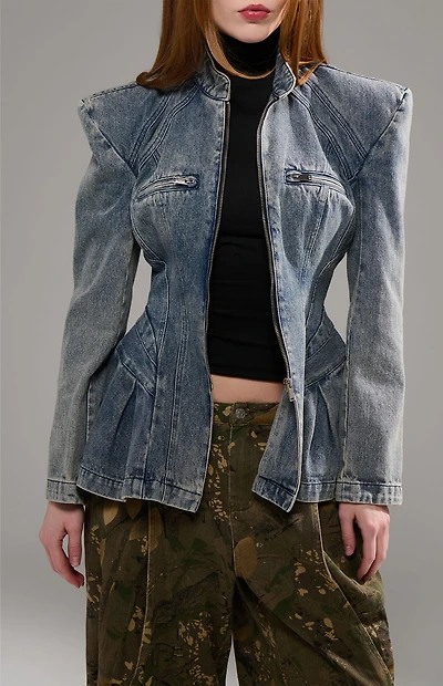 AZALEA WANG Virelle Structured Zip Up Denim Jacket