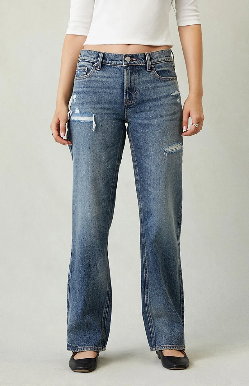 Pacsun Jordyn Low Rise Straight Leg Jeans Ripped Dark Blue Wash