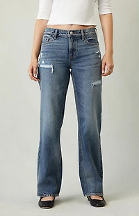 Pacsun Jordyn Low Rise Straight Leg Jeans Ripped Dark Blue Wash
