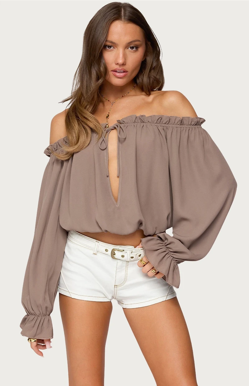 Edikted Juna Off Shoulder Ruffle Chiffon Top