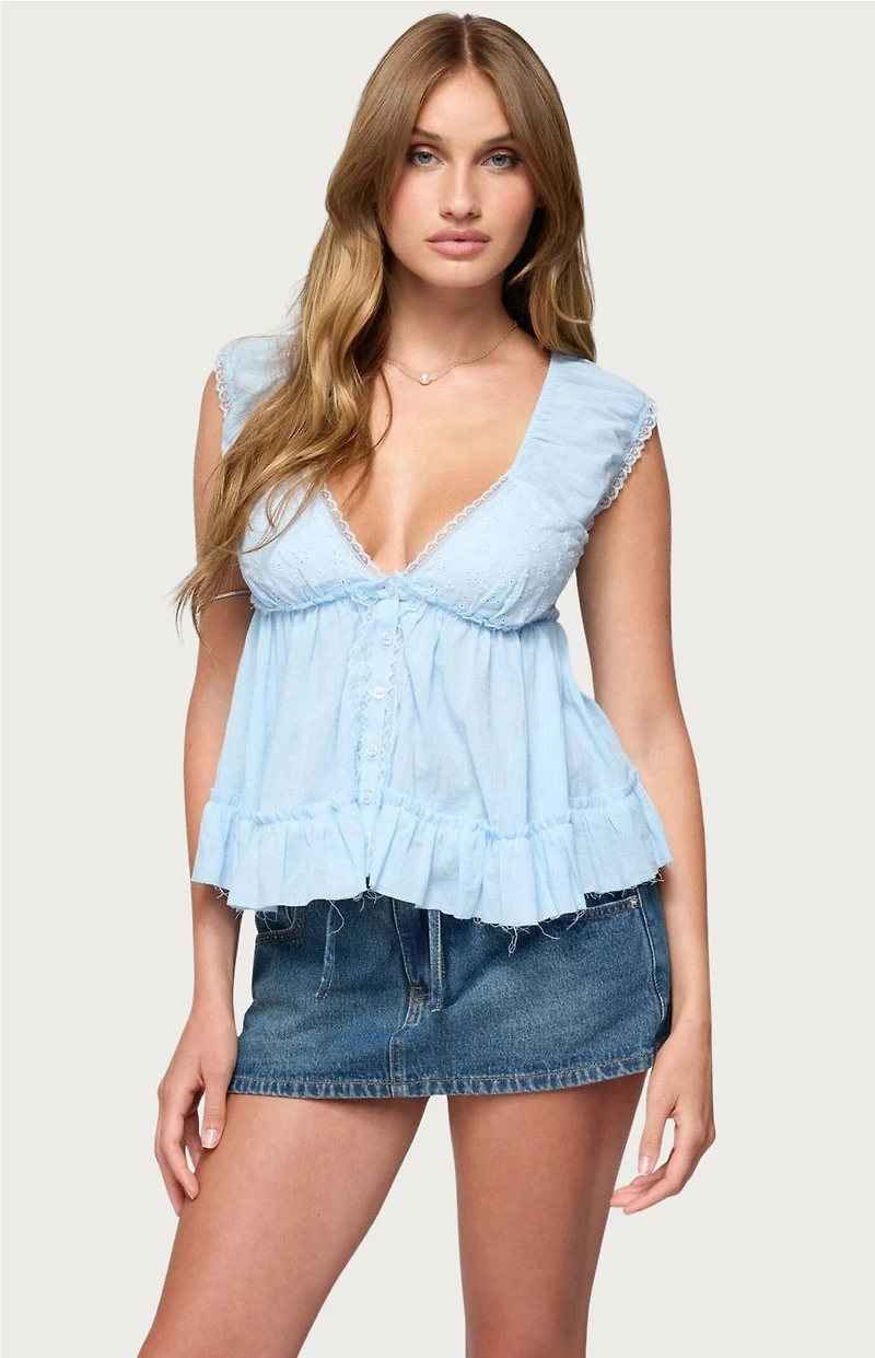 Edikted Gizelle Cotton V Neck Babydoll Top
