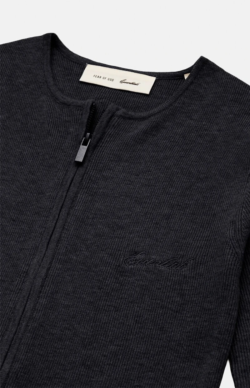 Fear of God ESSENTIALS Women's Vintage Black Signature Ribbed Knit Long Sleeve Zip Up Top