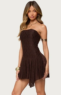 Edikted Elaia Asymmetric Strapless Lace Mini Dress
