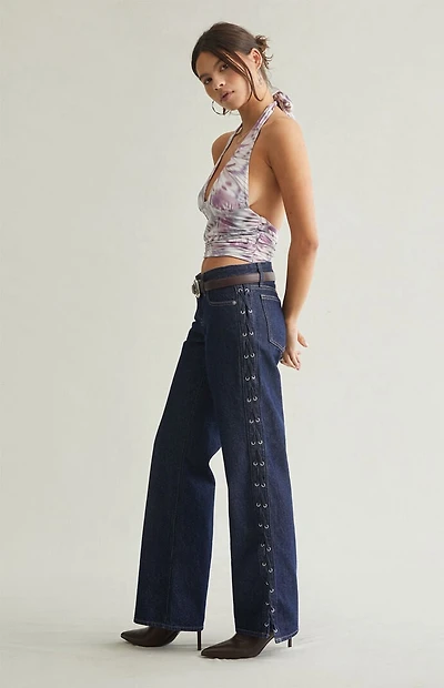 Pacsun Zoe Low Rise Girlfriend Jeans Lace-Up Side Dark Blue