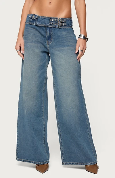 Edikted Double Buckle Low Rise Jeans