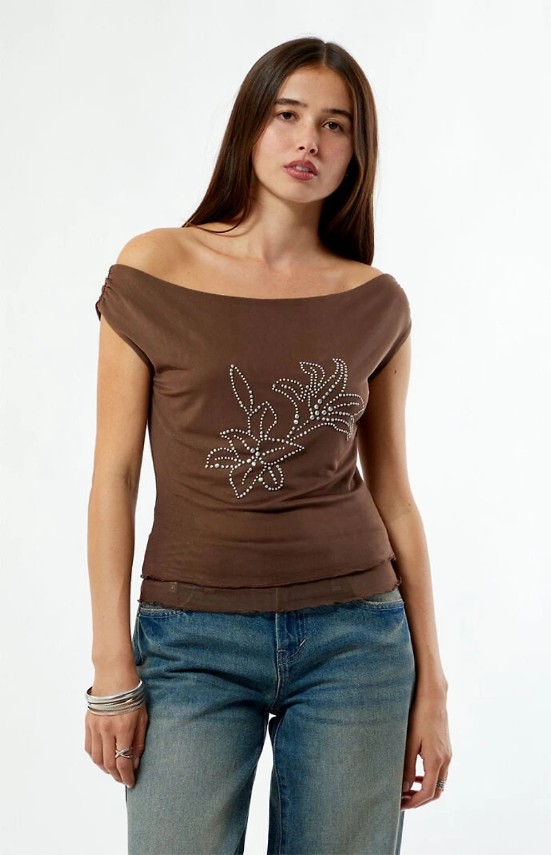 Third Charm Studded Floral Off-The-Shoulder Top