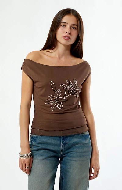 Third Charm Studded Floral Off-The-Shoulder Top