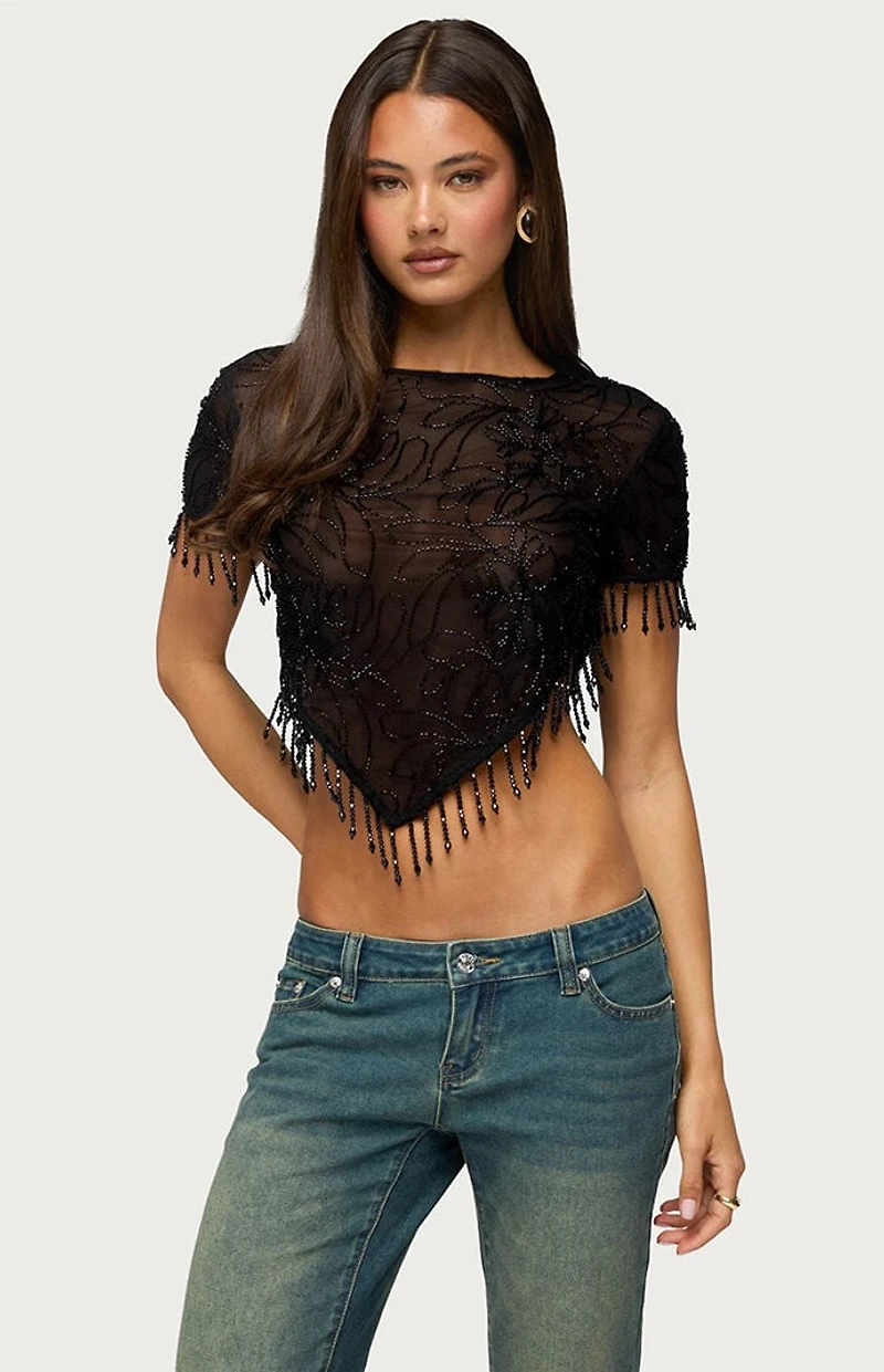 Edikted Yanna Beaded Fringe Poncho Top