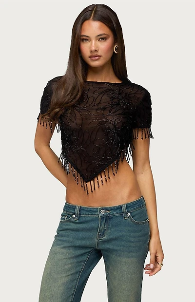 Edikted Yanna Beaded Fringe Poncho Top