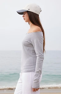John Galt Light Blue Striped Bonnie Off-The-Shoulder Long Sleeve Top