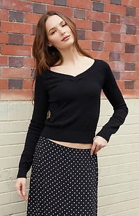 John Galt Black Off-The-Shoulder V-Neck Sweater