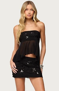 Edikted Steffie Strapless Beaded Mesh Top