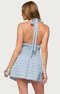 Edikted Plaid Smocked Halter Mini Dress