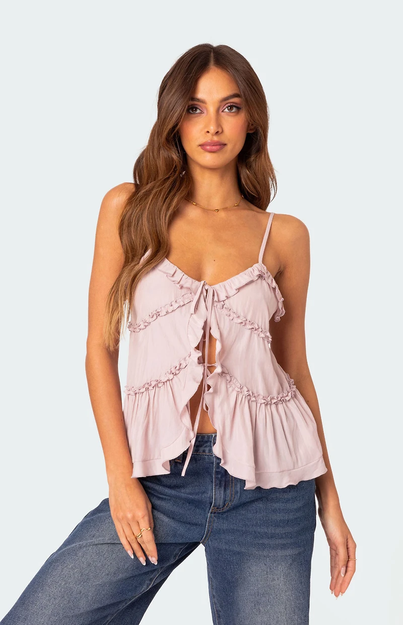 Edikted Juniper Tie Front Ruffled Top