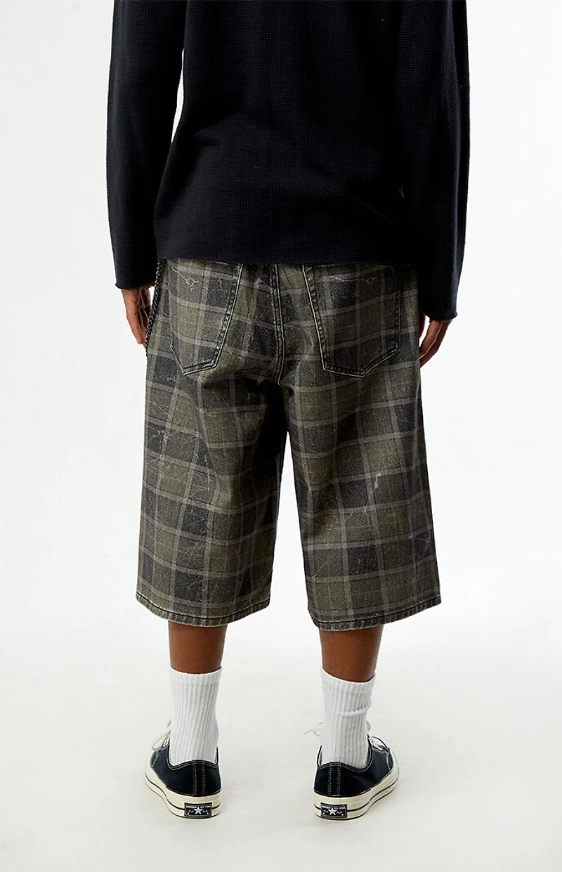 Pacsun Blaine Ultra Baggy Denim Shorts Chain Plaid Gray