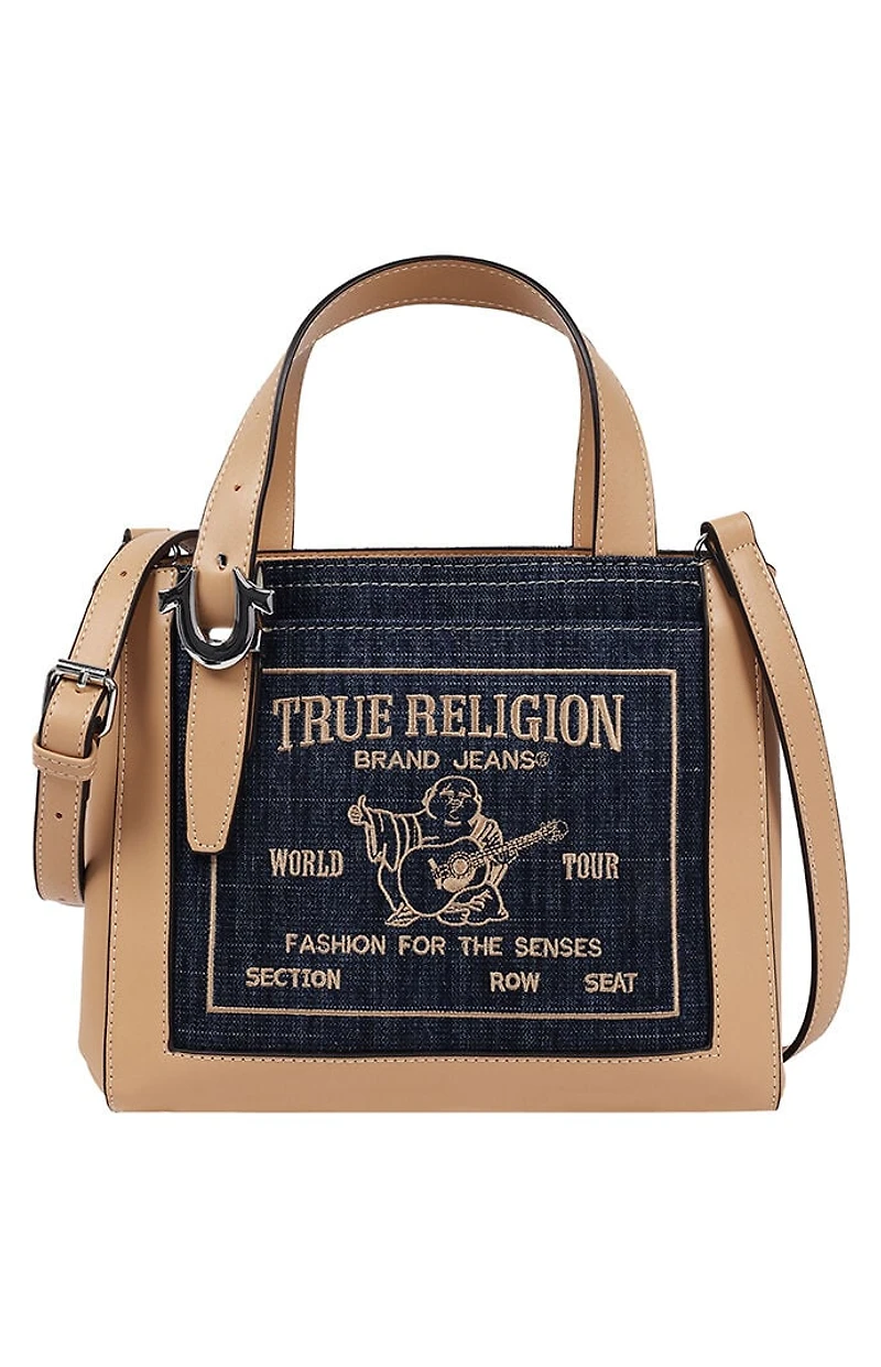 True Religion Dark Denim Arvin Buddha Motif Crossbody Tote Bag