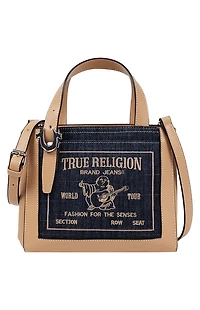 True Religion Dark Denim Arvin Buddha Motif Crossbody Tote Bag