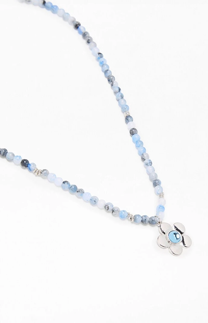 LA Hearts Blue Beaded Flower Necklace