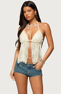 Edikted Sequin Lace Split Front Backless Top