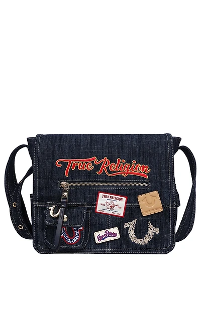 True Religion Dark Denim Multi Patch Messenger Bag