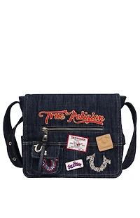 True Religion Dark Denim Multi Patch Messenger Bag
