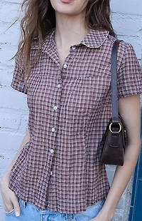 John Galt Brown Plaid Textured Teagan Collared Top