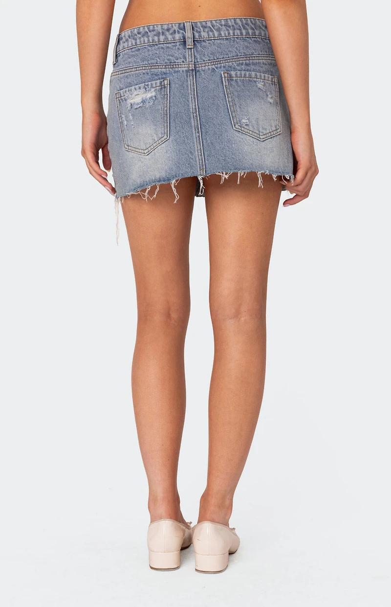 Edikted Ginnie Low Rise Distressed Denim Mini Skirt