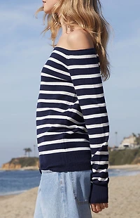John Galt Navy & White Bonnie Off-The-Shoulder Sweater