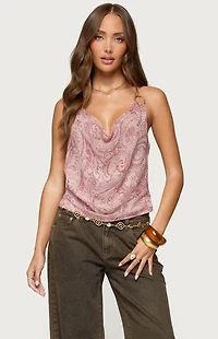 Edikted Printed Halter Chain Cowl Neck Top