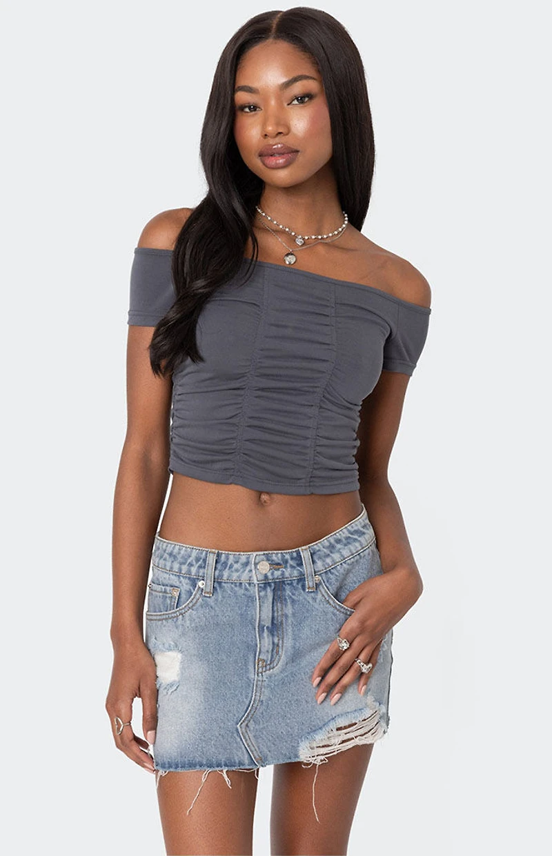 Edikted Triple Ruched Off Shoulder Top
