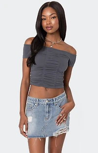 Edikted Triple Ruched Off Shoulder Top