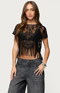 Edikted Kira Sheer Lace Fringe Top