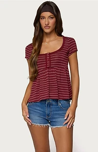 Edikted Jina Lacey Striped Babydoll Henley Top