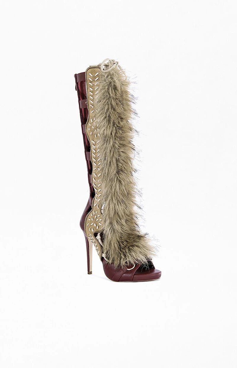 AZALEA WANG Women's Shaine Faux Fur Gladiator Sandal Boots
