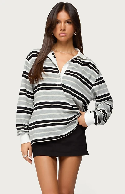 Edikted Renya Striped Long Sleeve Polo Top