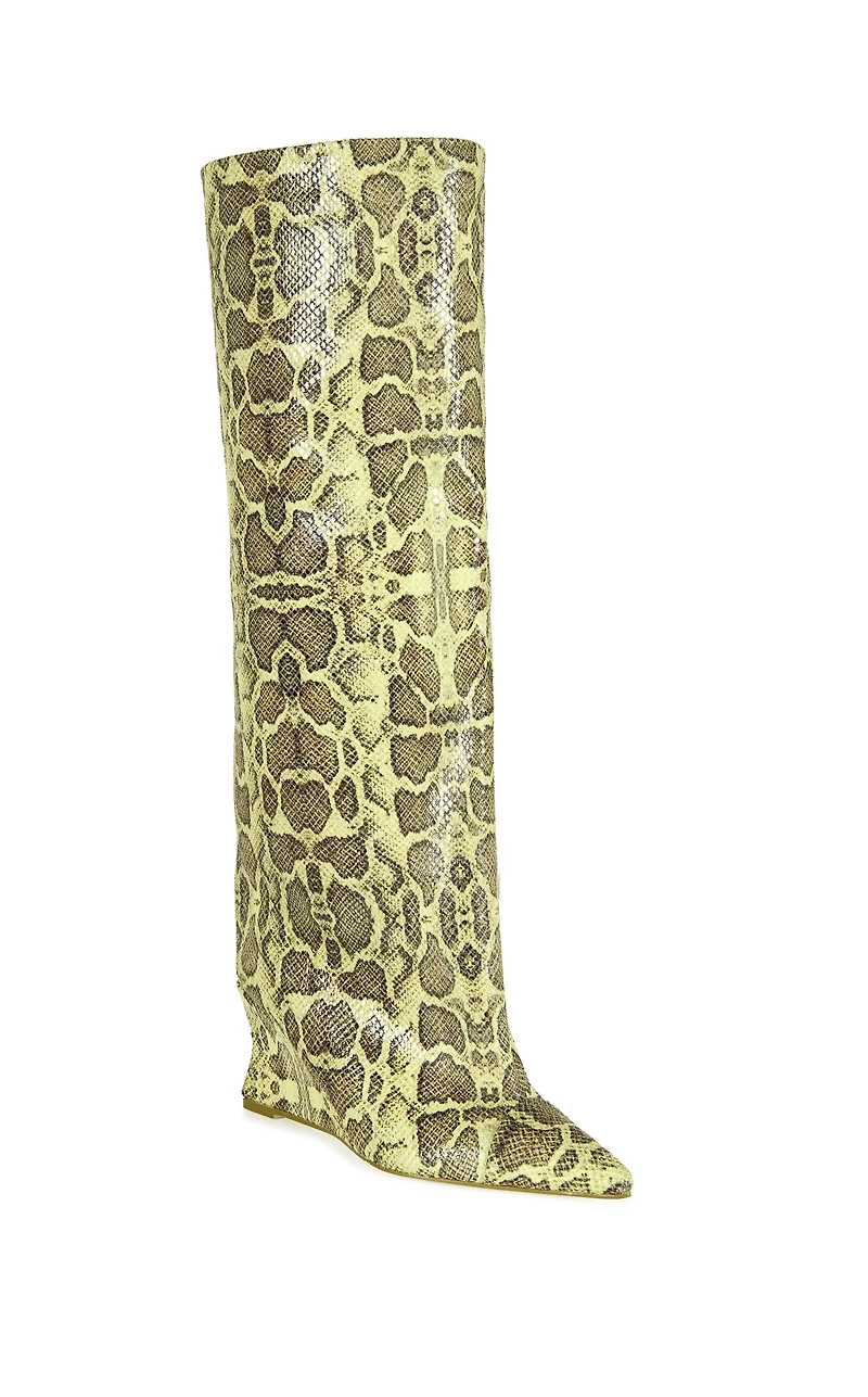 AZALEA WANG Women's Kenya Yellow Snake Wedge Boots